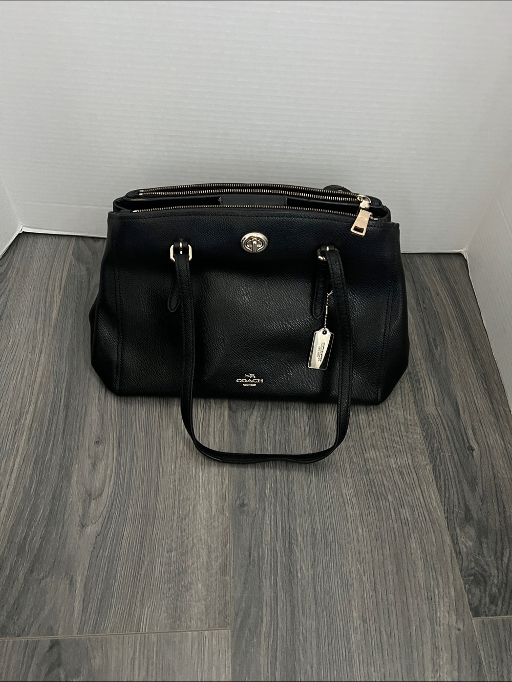 Coach Black Pebbled Leather Satchel with Turnlock & Zip